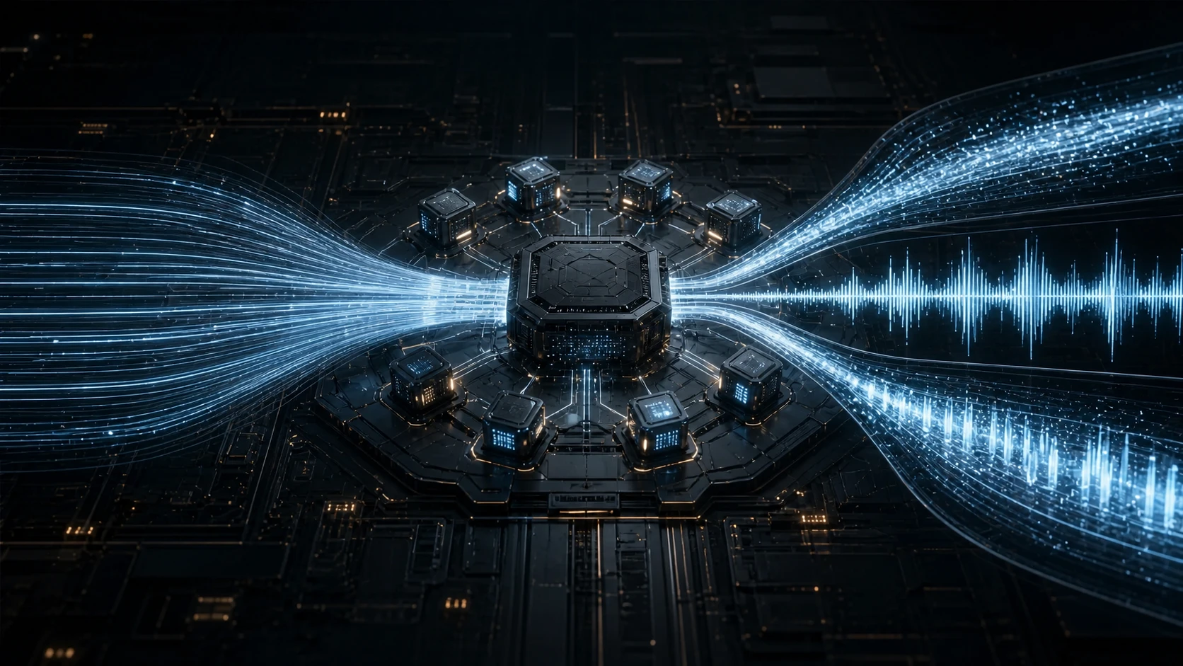 Dense blue inference signals passing through a central engine surrounded by agent-compute modules, then emerging as organized media streams.