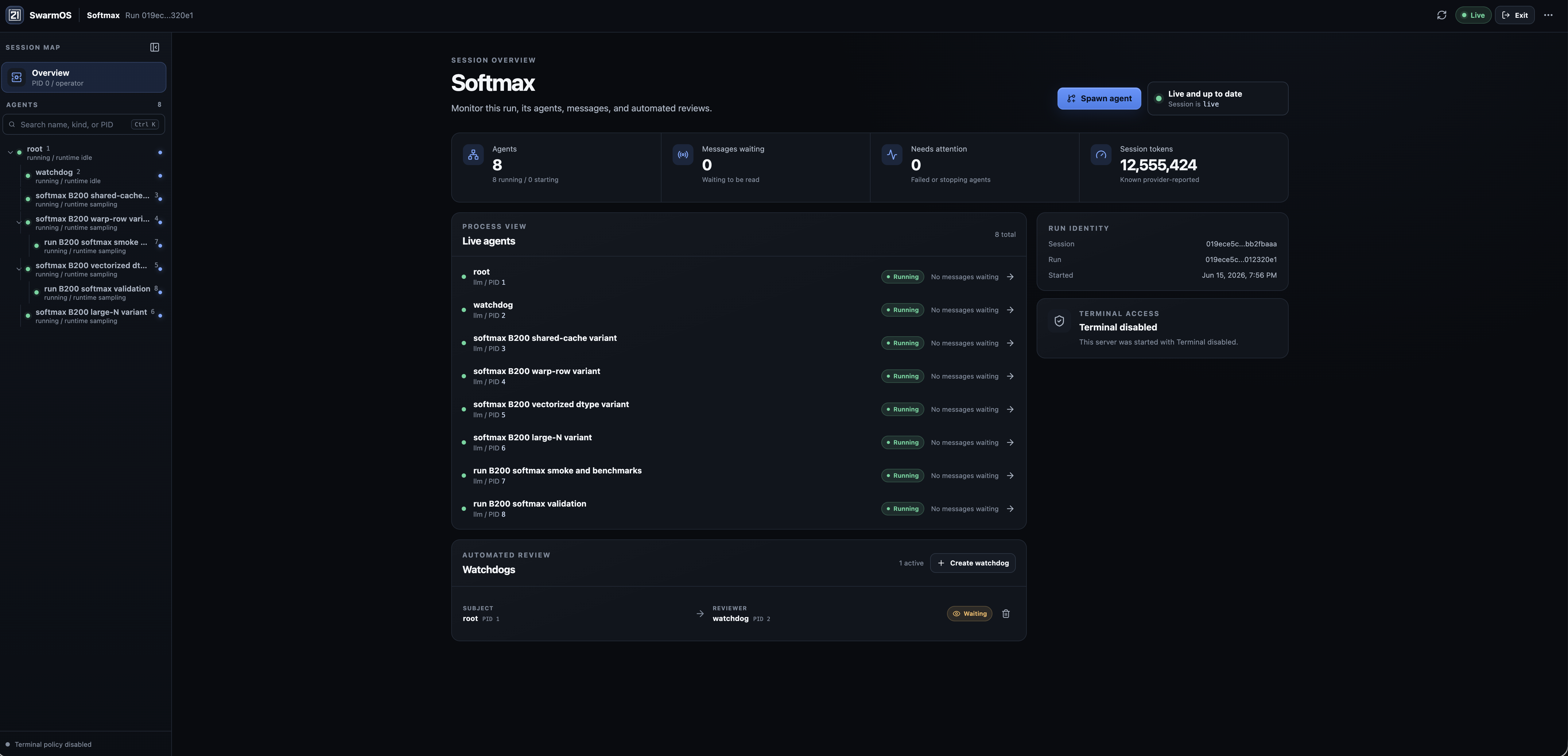 SwarmOS control panel showing a live PTX Kernel Factory session with eight active agents, session metrics, message queues, and automated reviews