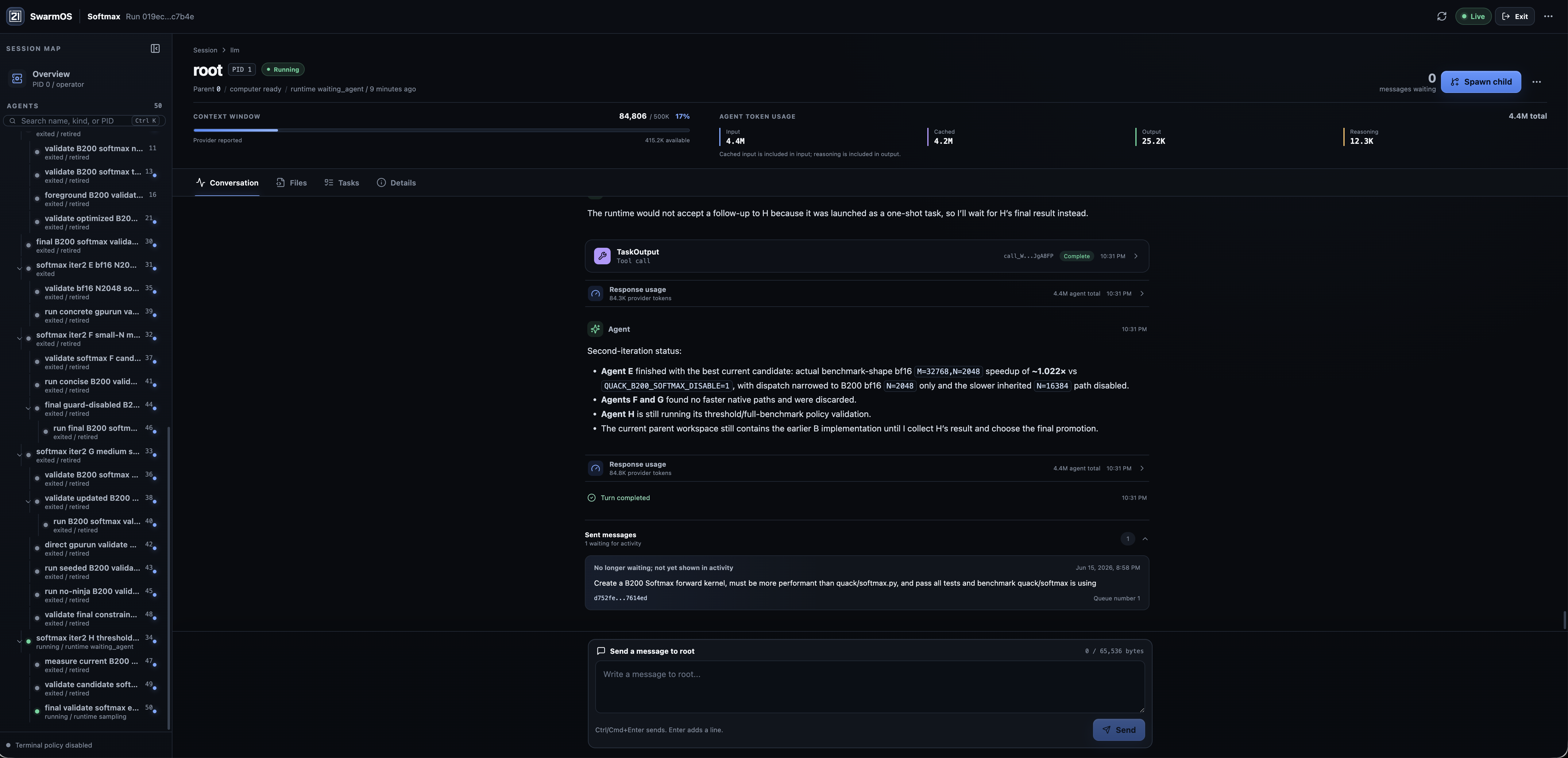 SwarmOS agent conversation showing messages, tool output, token usage, and the live session agent tree