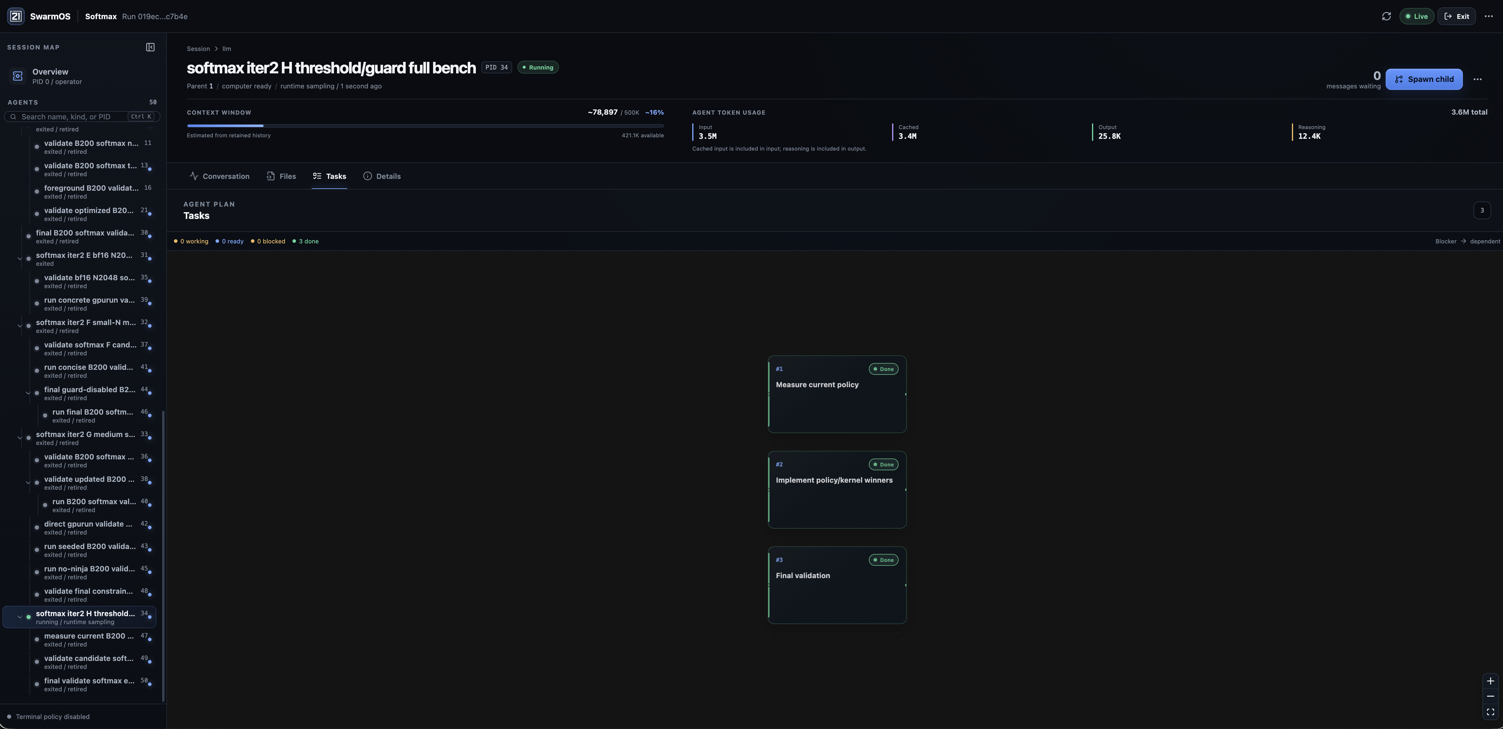 SwarmOS task center showing an individual agent plan with completed tasks and dependencies