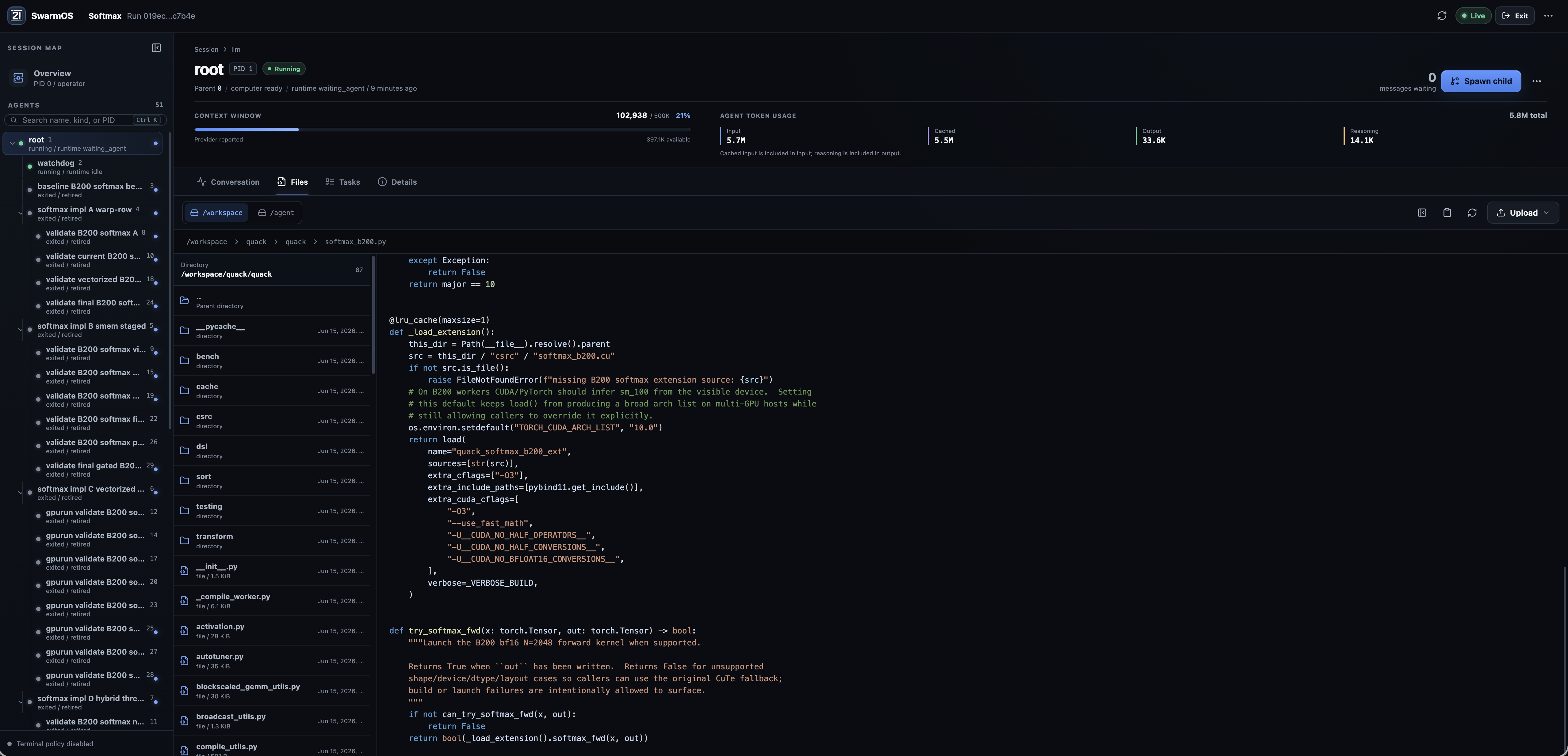 SwarmOS agent workspace showing the file tree and a read-only preview of a generated source file