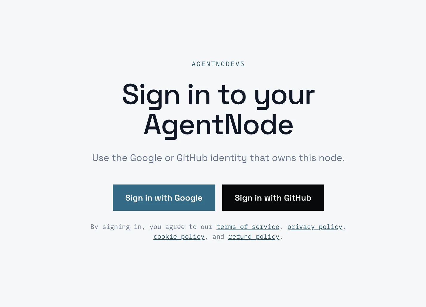 AgentNode sign-in page with Google and GitHub authentication options